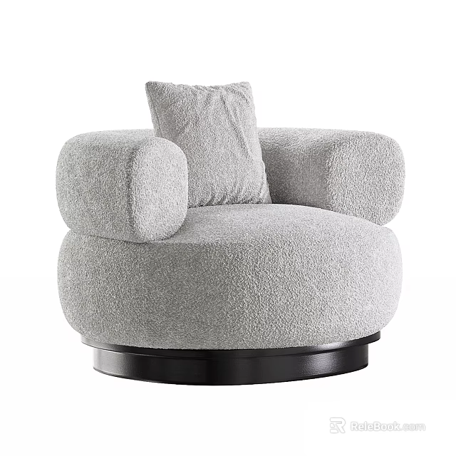 Gray Plush Single Sofa With Round Arms Pillow And Black Swivel Base 3d model 