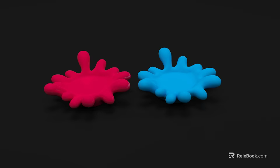 Red and Blue Splatter Shaped Art Installation Against Black Background 3d model 