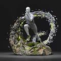 Running Human Sculpture With Broken Rocks Green Moss And Yellow Light Effects Against Gray Background 3d model