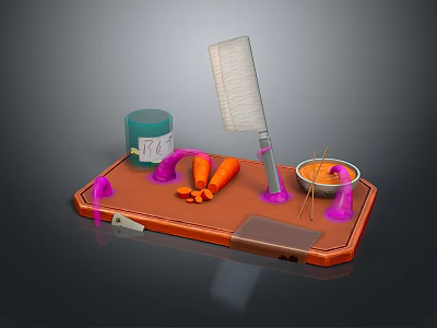 Orange Cutting Board With Chopped Carrots Knife Green Spice Container And Powder Bowl 3d model