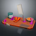 Orange Cutting Board With Chopped Carrots Knife Green Spice Container And Powder Bowl