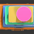 Colorful Stacked Suitcases with Gold Accents Handles and Reflective Surface on Dark Background