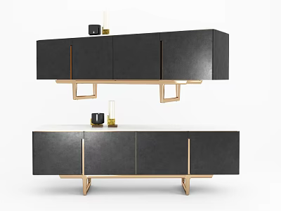 Modern Double Layered Black TV Stand With Golden Legs And Decorative Top 3d model