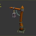 3D Model of Wooden Street Lamp With Orange Pole Metal Brackets and Yellow Lantern