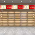 Modern Mall Store Interior With Neatly Arranged Wooden Shelves Red Signs And Service Counter