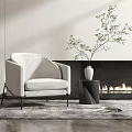 Light Gray Single Sofa With Black Vase Green Branches Fireplace Flames Gray Rug And Magazine
