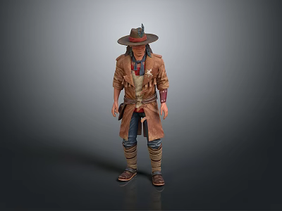 A Man in Brown Long Coat with Wide-Brimmed Hat Blue Pants Leggings and Boots 3d model