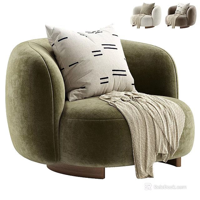 Olive Green Velvet Armchair With Decorative Pillow And Knitted Throw Blanket On Wooden Base 3d model 