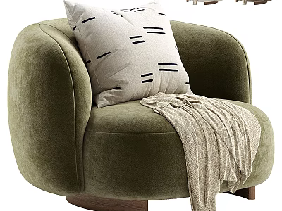 Olive Green Velvet Armchair With Decorative Pillow And Knitted Throw Blanket On Wooden Base 3d model