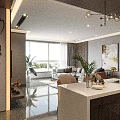Modern Living And Dining Room Interior With Open Layout Counter Chandelier Sofa Plants And Artwork