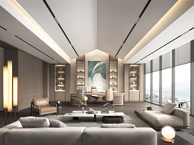 Modern Spacious Office Interior Design With Large Windows Natural Light Desk Sofa And Bookshelves 3d model