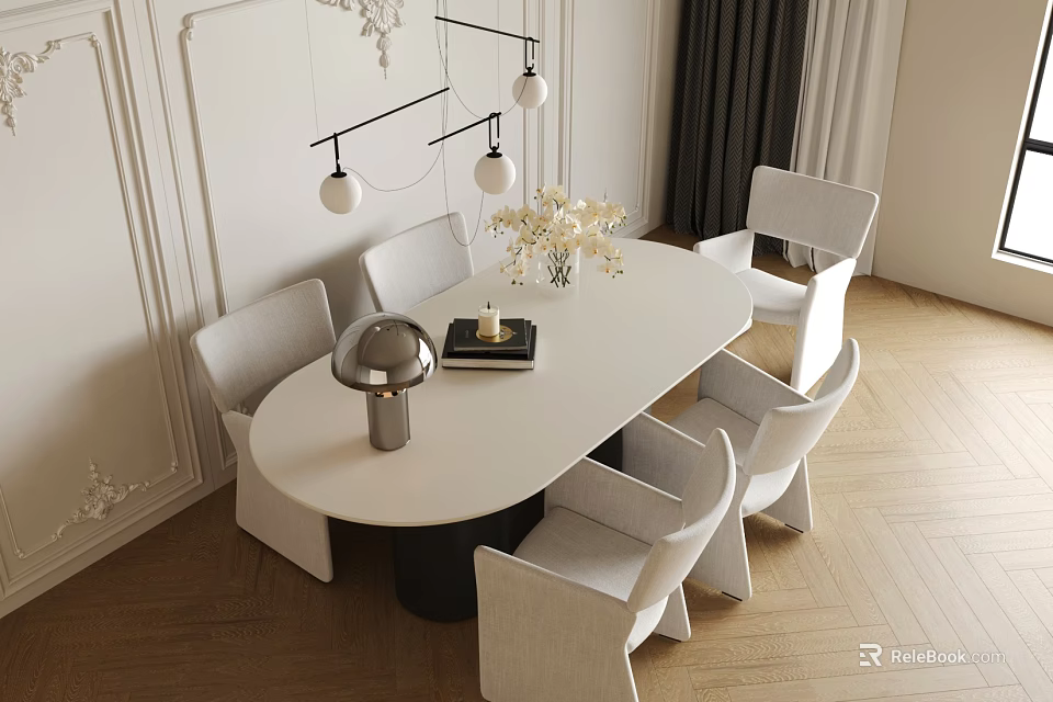 Elegant Modern White Oval Dining Table With Gray Chairs And Pendant Lights 3d model