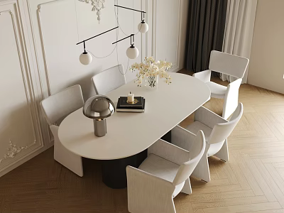 Elegant Modern White Oval Dining Table With Gray Chairs And Pendant Lights 3d model