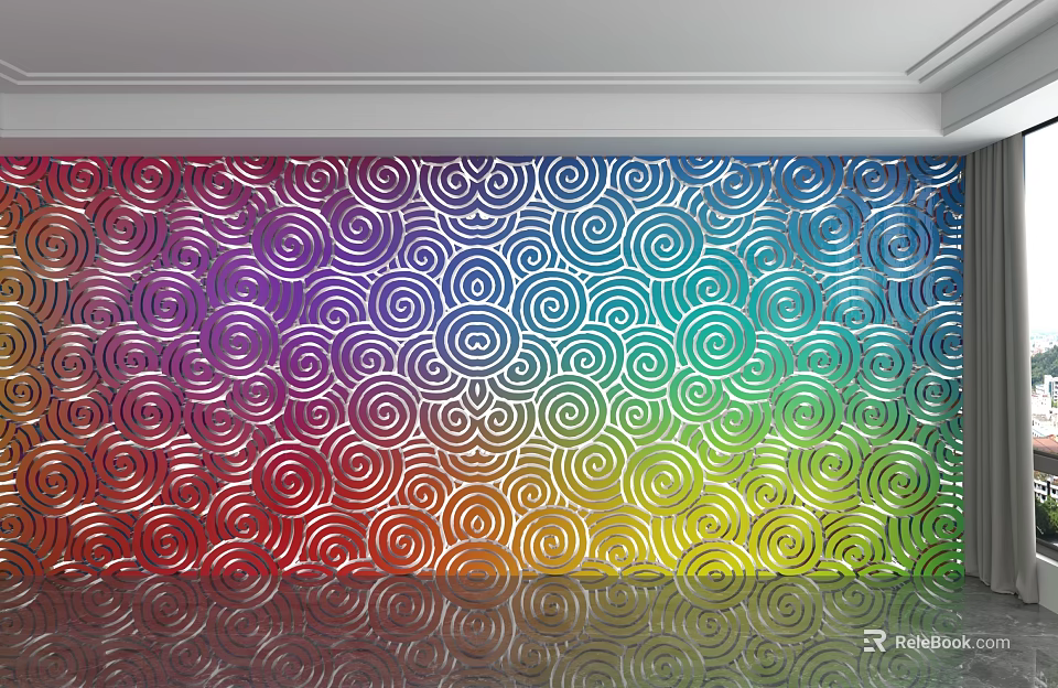 Rainbow Colored Background Wall with Vibrant Spiral Patterns and Reflective Surface 3d model 