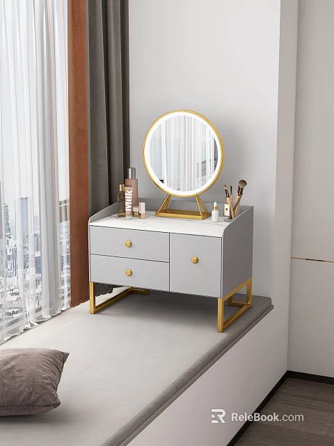 Modern Grey Dressing Table with Gold Frame Round Mirror and Cosmetics on Top 3d model