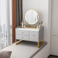 Modern Grey Dressing Table with Gold Frame Round Mirror and Cosmetics on Top 3d model