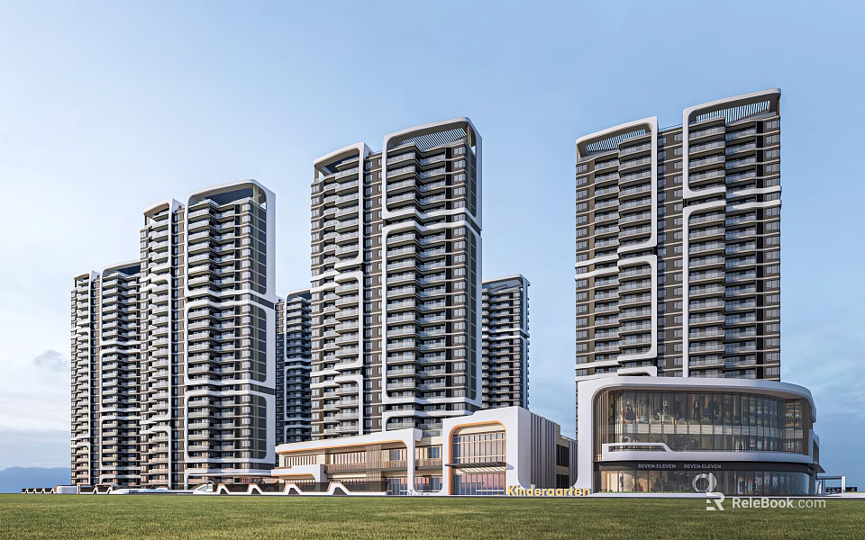 Modern High Rise Residential Buildings With Contemporary Facade Commercial Podium And Green Lawn 3d model 