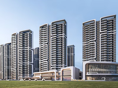 Modern High Rise Residential Buildings With Contemporary Facade Commercial Podium And Green Lawn 3d model