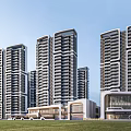 Modern High Rise Residential Buildings With Contemporary Facade Commercial Podium And Green Lawn