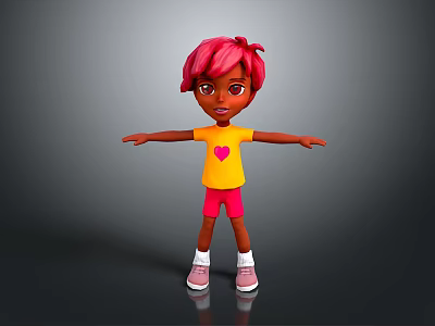 Woman With Red Hair Wearing Yellow T-shirt With Pink Heart And Pink Shorts Stretching Arms 3d model