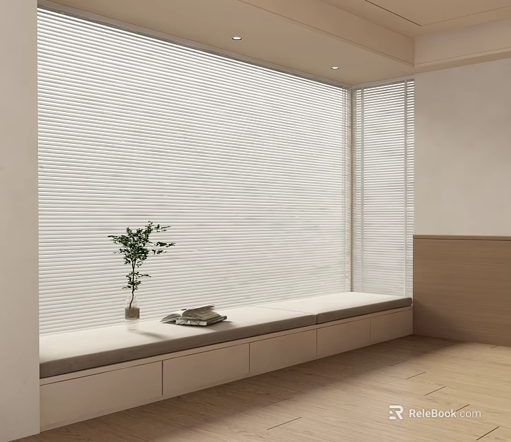 Modern Bay Window With White Blinds Bench Green Plant And Storage Cabinets 3d model 