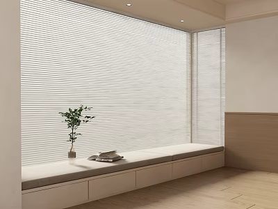 Modern Bay Window With White Blinds Bench Green Plant And Storage Cabinets 3d model