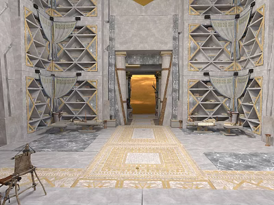 Grand Interior Hall With Symmetric Geometric Wall Decorations Central Entrance Patterned Carpet And Stone Flooring 3d model