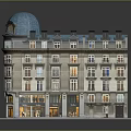 European Style Multi Story Building With Blue Dome Ground Floor Shops And Windows