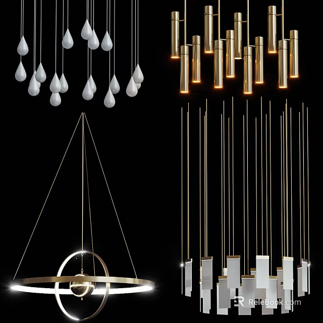 Various Modern Chandeliers With Metal Glass Droplet Cylinder Ring Shapes And Styles 3d model 