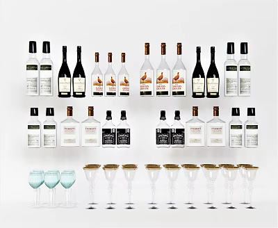 Elegant Arrangement of Various Wine Bottles and Crystal Glassware on Modern Display Shelf 3d model