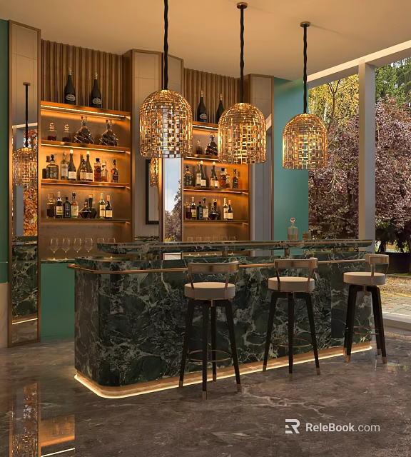 Luxury Modern Bar Interior With Marble Counter Golden Chandeliers And Wine Bottle Shelves 3d model 
