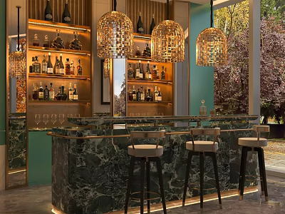 Luxury Modern Bar Interior With Marble Counter Golden Chandeliers And Wine Bottle Shelves 3d model