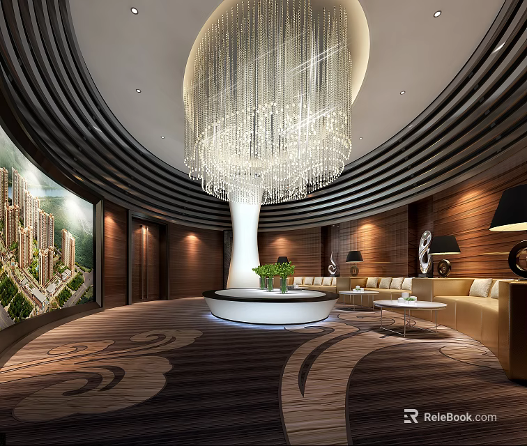 Luxury Modern Sales Office Interior With Crystal Chandelier Marble Reception Desk And Patterned Carpet 3d model 
