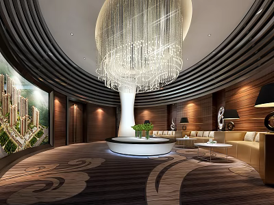 Luxury Modern Sales Office Interior With Crystal Chandelier Marble Reception Desk And Patterned Carpet 3d model