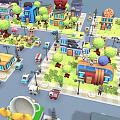 Colorful Cartoon Town Buildings In Various Styles With Streets Cars And Trees