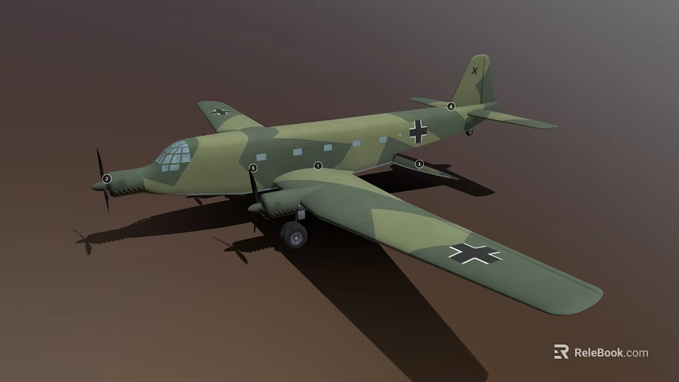 Green Camouflage Military Aircraft With Black Cross Markings And Propeller Engines 3d model 