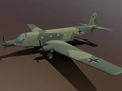 Green Camouflage Military Aircraft With Black Cross Markings And Propeller Engines 3d model