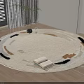 Round Area Rug Beige Black Brown Geometric Patterns With Open Book Vase On Wooden Floor