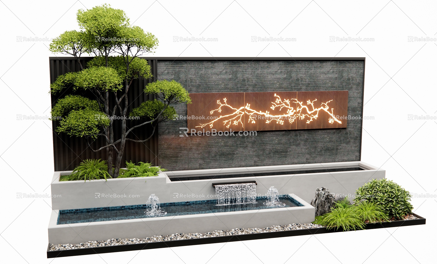 modern waterscape wall courtyard landscape wall flowing water landscape plant landscape weathering steel landscape tree model