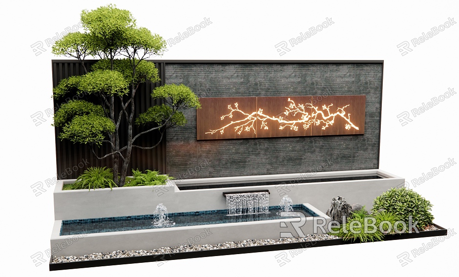 modern waterscape wall courtyard landscape wall flowing water landscape plant landscape weathering steel landscape tree model