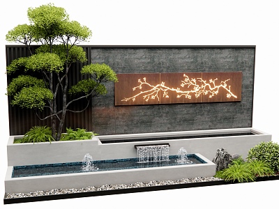 modern waterscape wall courtyard landscape wall flowing water landscape plant landscape weathering steel landscape tree model