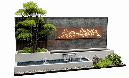 modern waterscape wall courtyard landscape wall flowing water landscape plant landscape weathering steel landscape tree 3d model