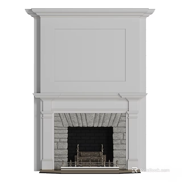 Classic Fireplace Design With White Frame Stone Base And Decorative Mantel 3d model