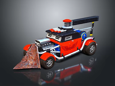 Red Lego Style Car Featuring Shovel Like Metal Structure Black Top Device Blue White Details 3d model