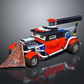 Red Lego Style Car Featuring Shovel Like Metal Structure Black Top Device Blue White Details