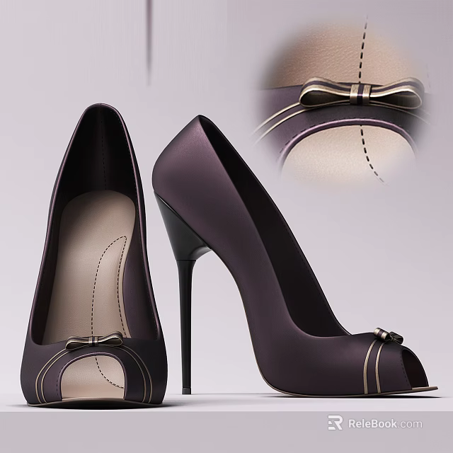 Women's Dark Purple Peep Toe High Heels With Bow Detail And Stiletto Heel 3d model 