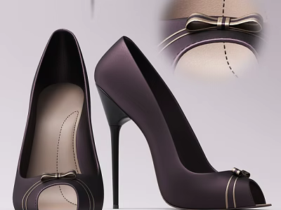 Women's Dark Purple Peep Toe High Heels With Bow Detail And Stiletto Heel 3d model