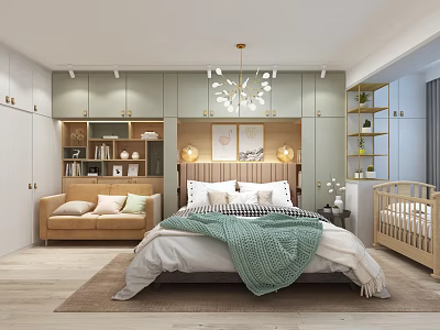 Modern Minimalist Bedroom With Bed Green Blanket Sofa Baby Crib And Storage Cabinets 3d model