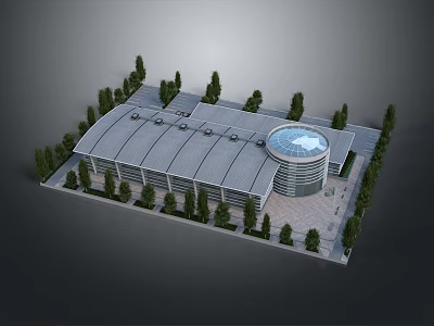Modern Large Building With Curved Roof Multiple Skylights Circular Structure Surrounded By Trees 3d model