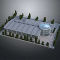 Modern Large Building With Curved Roof Multiple Skylights Circular Structure Surrounded By Trees 3d model
